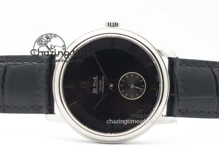 0103 De Ville MK 1:1 Best Edition SS Black Dial On Black Leather Asian Seagull T1701 (Sec@6) Unisex 8243